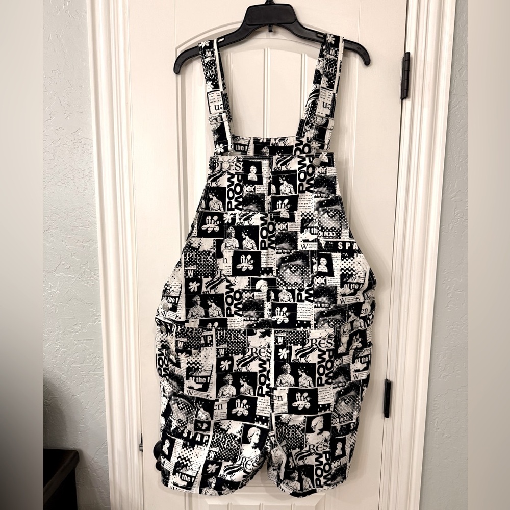 ASOS DESIGN SHORT DUNGAREE IN ALL OVER BLACK AND WHITE PRINT